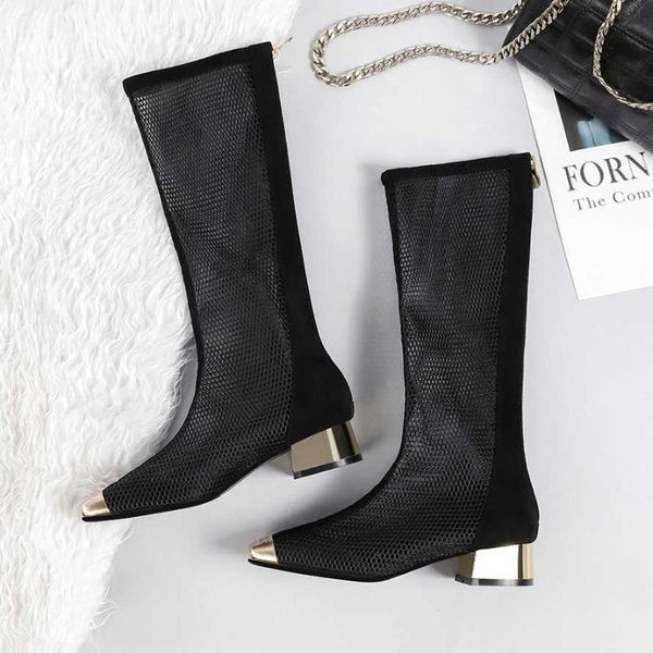 

boots after model tube korean version hollow out mesh thick heel cool, Black