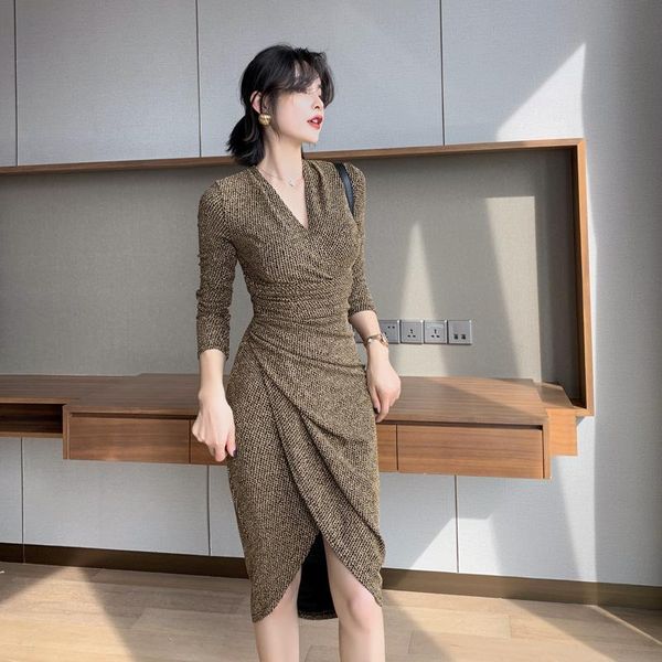 

casual dresses 2021 women's v-neck fold slim irregular arm temperament dress, Black;gray