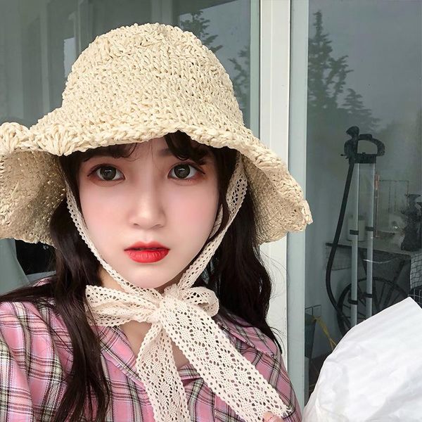 

wide brim hats straw hat women summer floral lace beach holiday sun visor strap adjustable floppy girl cap elegant, Blue;gray