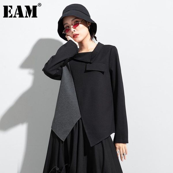 

women's hoodies & sweatshirts [eam] irregular spliced gray big size loose fit sweatshirt lapel long sleeve women spring autumn 2021 1dd, Black