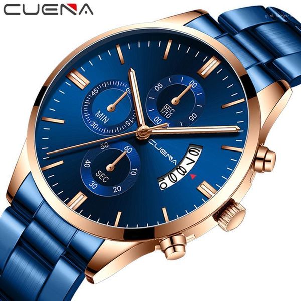 

wristwatches cuena trendy men's watch luxury blue stainless steel business quartz fashion sports relogio masculino, Slivery;brown
