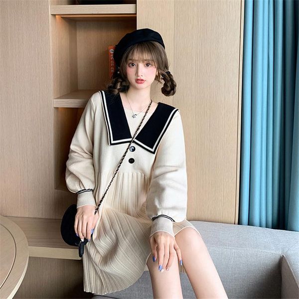 

casual dresses autumn 2021 college style doll collar contrast color loose high waist knitted long sleeve dress female, Black;gray