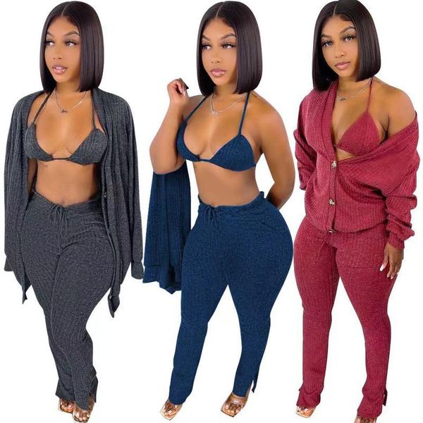 

women's two piece pants woman 3 three set women outfits halter bra single breasted long sleeve cardigan+bodycon split hem trouser match, White