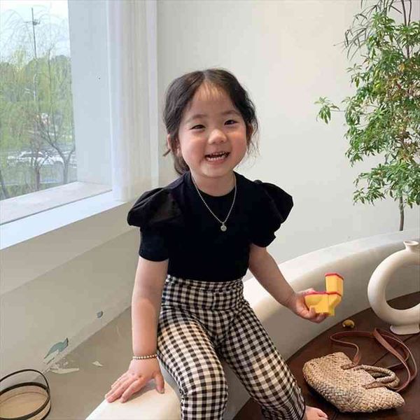 

summer solid color kids t shirts korean style puff sleeve baby girls knitted elastic short sleeved children tees, Blue