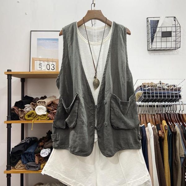 

women's vests cotton linen 100% solid women vest vintage loose pocket sleeveless button female outwear coats jackets, Black;white