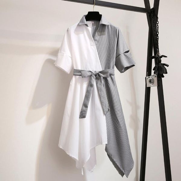 

casual dresses women clothes ladies asymmetrical color matching dress stripes v-neck lapel lace sweet shirt s-2xl, Black;gray