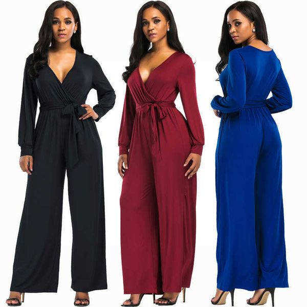 

women v neck jumpsuit wide leg pants solid club casual long sleeve party office ladies rompers playsuit ljja3096, Black;white