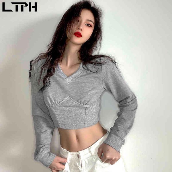

autumn arrival simple vintage gray sweatshirt women v-neck long sleeve fashion all-match short sweatshirts 210427, Black