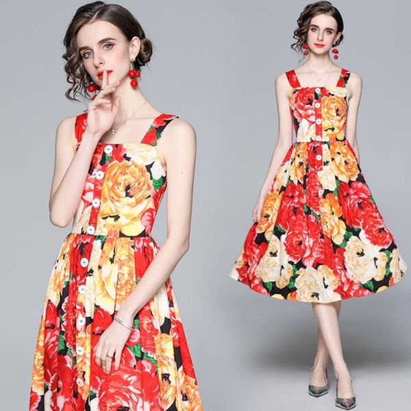 

casual dresses 2021 summer fashion elegant runway women spaghetti strap buttons backless floral print party dress, Black;gray