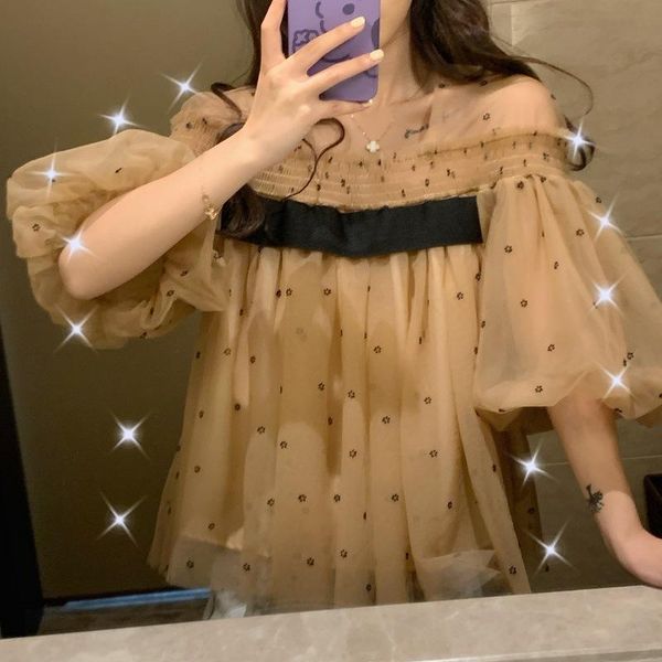 

women's blouses & shirts 2021 fashion summer sweet polka dot printing lantern sleeve gauze lace ladies elegant mesh shirt blusas, White