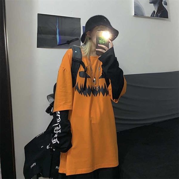 

nicemix harajuku pumpkin print letter t shirt fake 2 pieces patchwork casual long sleeve t-shirt women and men streetwear, White