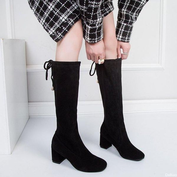 

women suede sewing solid boots ladies slip on square heels shoes woman fashion comfort footwear female winter, Black