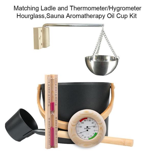 

accessories 7l sauna bucket set with long handle spoon hourglass thermometer / hygrometer oil cup kit
