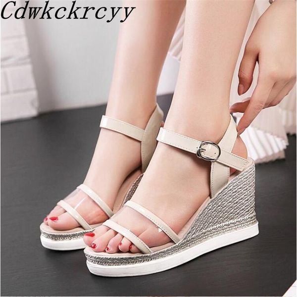 

summer pattern fashion simplicity women sandals white black apricot thick bottom slope heel comfortable 34-43