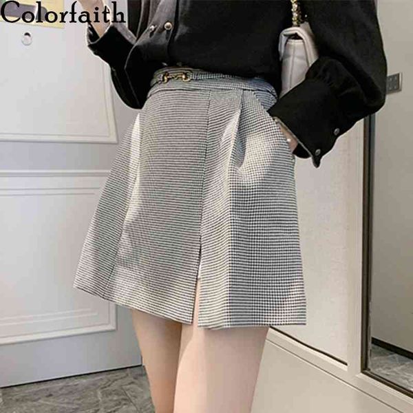 

colorfaith new autumn winter women skirt plaid korean a-line high waist pockets split wild flared mini skater skirts sk1252 210413, Black