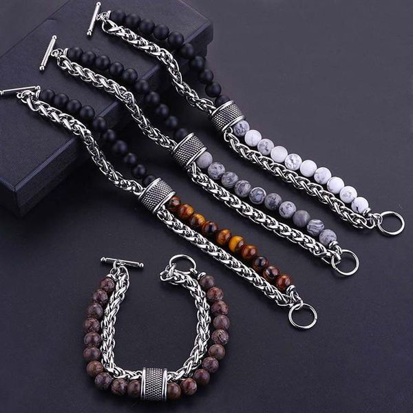 

beaded, strands black bracelet men stainless steel tiger eye chain on hand fashion natural stone beads hip hop wholesale