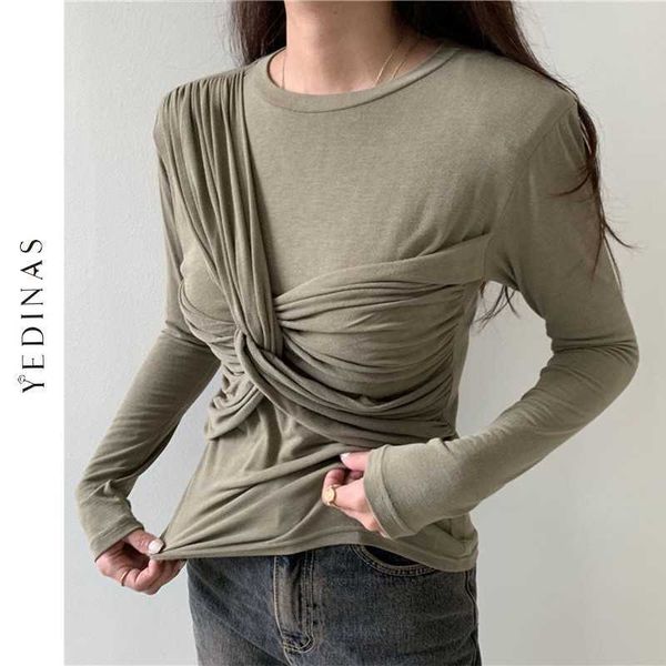 

yedinas casual black t shirt for women o neck long sleeve cross ruched slim knitted female korean style tshirts designer 210527, White