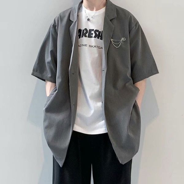 

men's suits & blazers summer short-sleeved blazer fashion gray black brooch suit jacket men korean loose business society mens dre, White;black