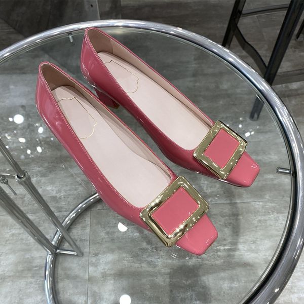 

women's shoes designer brand fashion medium thick heel square toe metal buckle work formal wear genuine leather cow patent factory high, Black