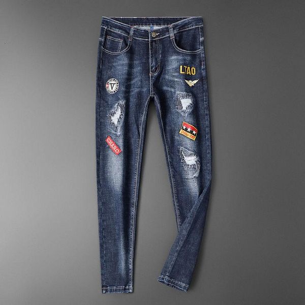 

men's embroidery jeans high street fashion brand hole slim leg pantalon homme denim for men hombre, Blue