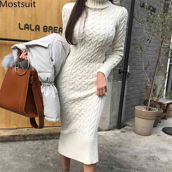 

winter korean twisted knitted turtleneck pencil dress women long sleeve elegant slim ladies dresses vestidos femme 210518, Black;gray
