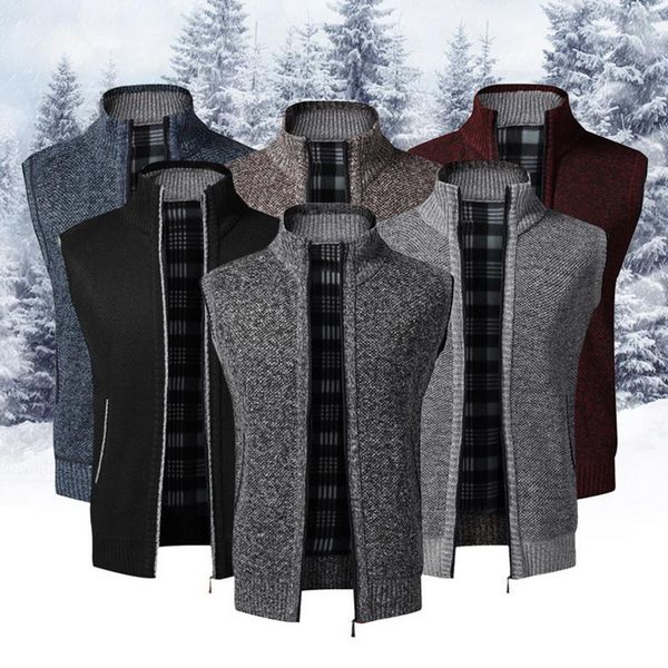 

men's vests autumn winter wool sweater vest thick warm casual sleeveless jackets sweatercoat cashmere male knitted fleece, Black;white