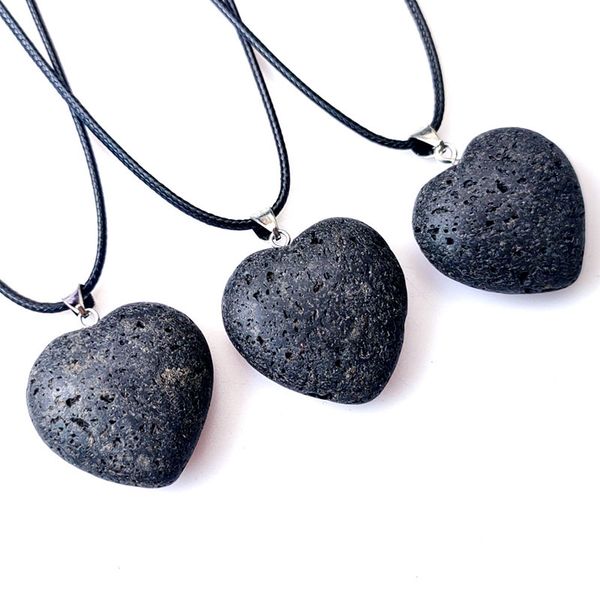 

natural energy lava stone handmade heart shape pendant necklaces with rope chain for women men decor jewelry, Silver