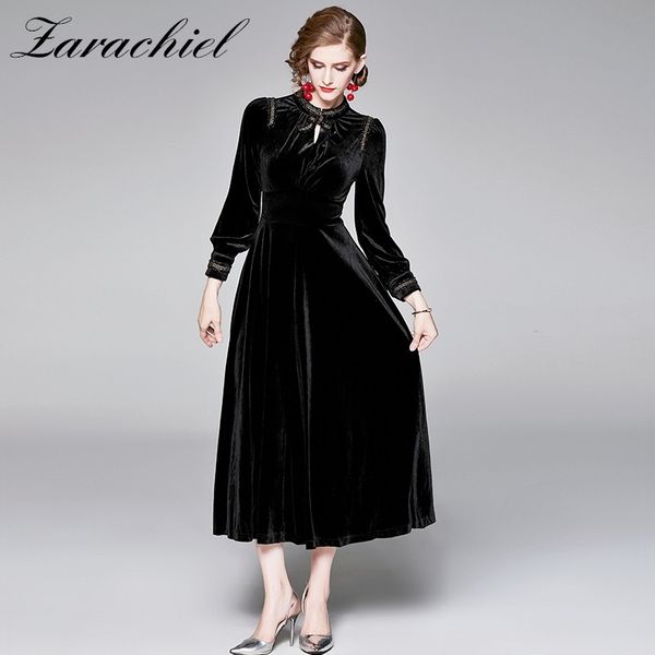 Outono inverno elegante vestidos de veludo preto vestidos de lenço feminino vintage cintura alta plissada vestido longo vestidos robe 210416