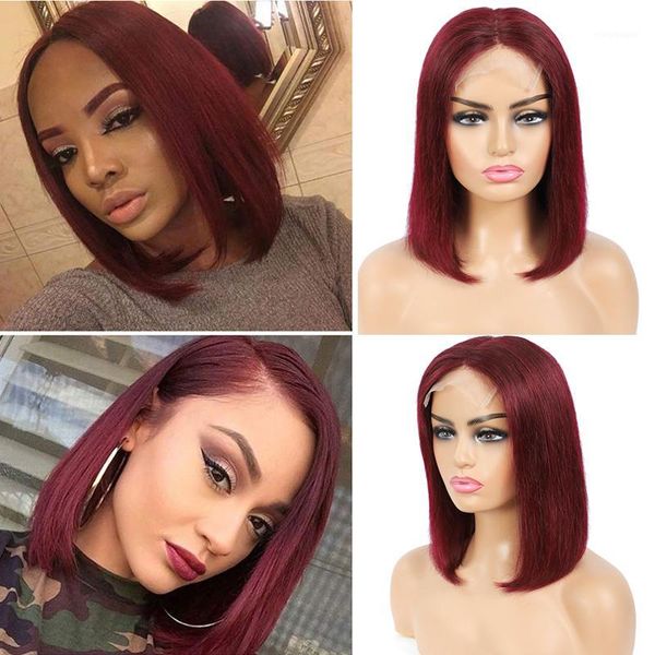 

redwine lace closure wig brazilian straight 4x4 human hair wigs for black women pre plucked short bob soku1, Black;brown