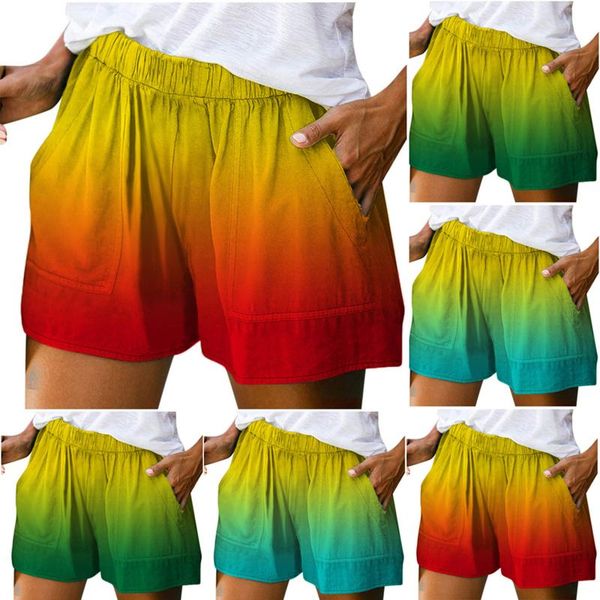 

women's shorts summer for women fashion gradient printing elastic pokets casual wide leg short pants ladies korte broek dames, White;black
