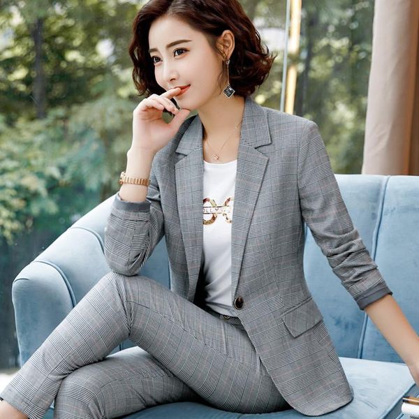 

women's suits & blazers gray plaid pants women autumn winter business temperament slim long sleeve blazer and trousers office ladies wo, White;black