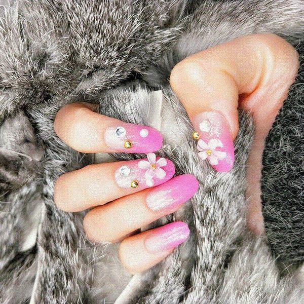 

24pcs / set glitter diamond flower false nails art full cover tips manicure artificial detachable nail1, Red;gold