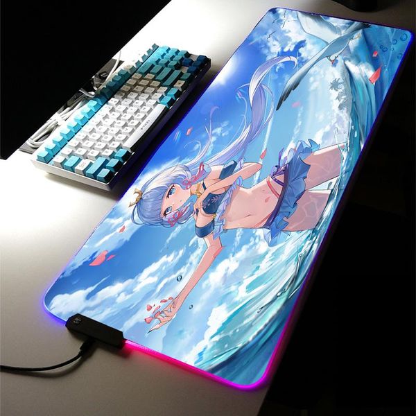 

mouse pads & wrist rests anime cute girl ganyu xxl rgb led light gaming accessories baal large pad genshin keyboard desk mat room carpe