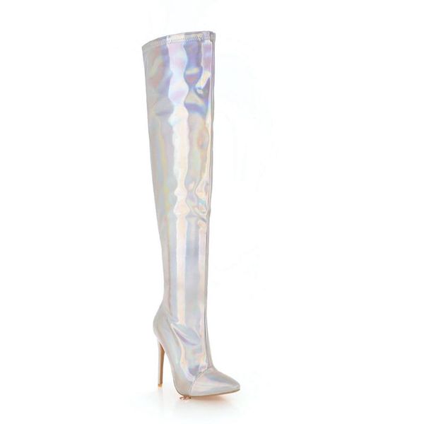 

boots wind patent leather thin high heel pointed knee-high, Black