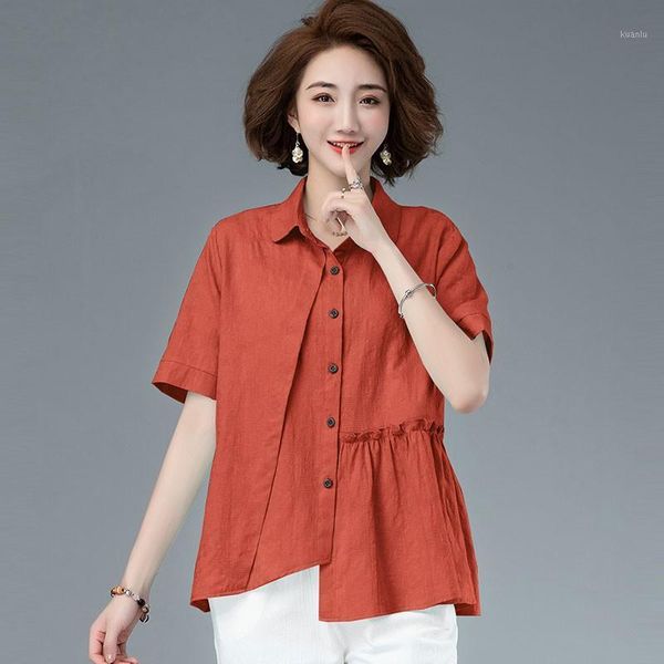 

women's blouses & shirts plus size women cotton linen casual arrival 2021 summer simple style turn-down collar female short sleeve s37, White