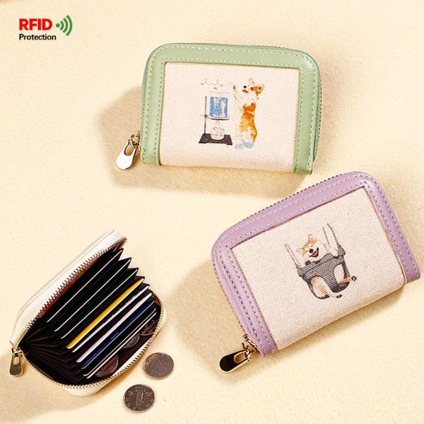 

wallets short wallet 11-layer-card holder leather & canvas patchwork cute dog watercolor print girl zip purse clutch women useful gift, Red;black