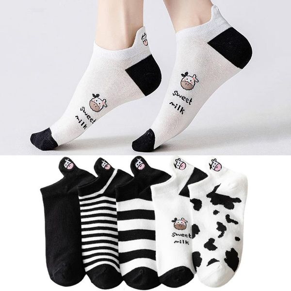 

socks & hosiery 5 pairs cotton short women ankle cute cows stripe street female sock soft casual fashion summer girls sox, Black;white