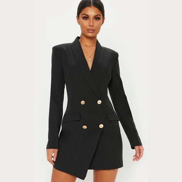 

casual dresses autumn fashion black blazer women dress suits double-breasted suit collar long sleeve plus size blazers jacket 2021, Black;gray