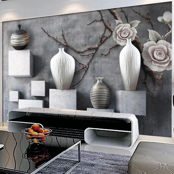 

wallpapers po wallpaper 3d stereo creative black and white vase flowers cement wall murals living room tv sofa bedroom papers 3 d