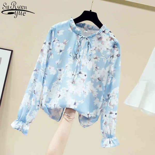 

long sleeve women's shirt all-match printed female autumn women clothes lace-up floral chiffon blouse pullover 11147 210427, White