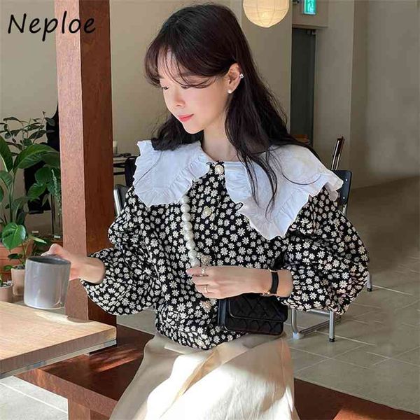 

elegant wooden ear patchwork loose blouse women peter pan collar puff long sleeve pullover blusas spring shirt femme 210422, White