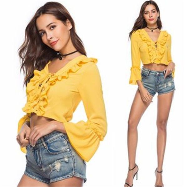 

women's blouses & shirts 2021 summer fashion high-quality v-neck straps wood ears 9-point sleeves ladies short trendy h446, White