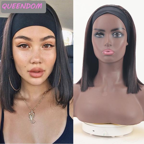 

synthetic wigs 14 inch straight headband for black women natural short bob wig with turban heat resistant cosplay headwraps