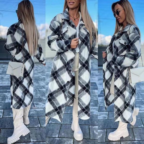 

women's wool & blends fashion single breasted lapel outwear office ladies commute vintage pattern print long overcoat winter women coat, Black