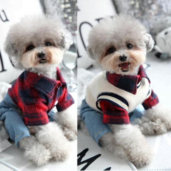 

dog apparel plaid shirt with denim pants vest overall for autumn winter pet fashion clothes set small medium animal chihuahua yorkie
