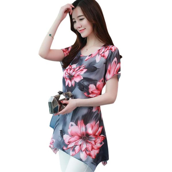 

women's blouses & shirts elegant lady blouse chiffon shirt summer printed short-sleeved long style plus size women loose, White