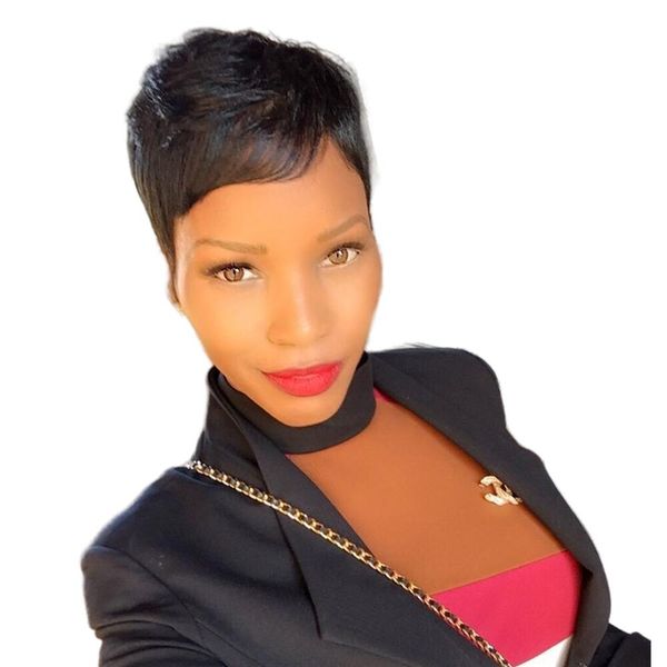 

none lace front black short pixie cut straight hair wig peruvian remy human machine made wigs for black women part glueless, Black;brown