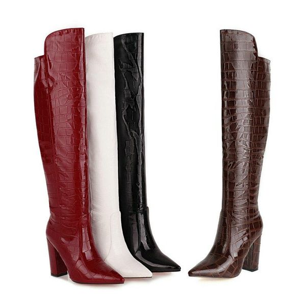 

boots plus size 34-45 patent pu leather women over the knee pointed toe ladies square high heel black brown wine red white