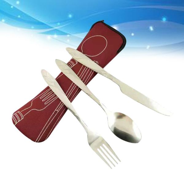 

dinnerware sets 3 pcs stainless steel tableware set portable travel spoon fork silverware lightweight travel/camping cutlery with cloth