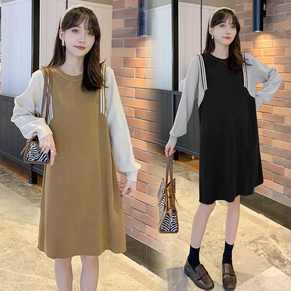 

maternity dresses 692# dress long patchwork sleeves midi plus size pregnancy loose pregnant woman mom, White